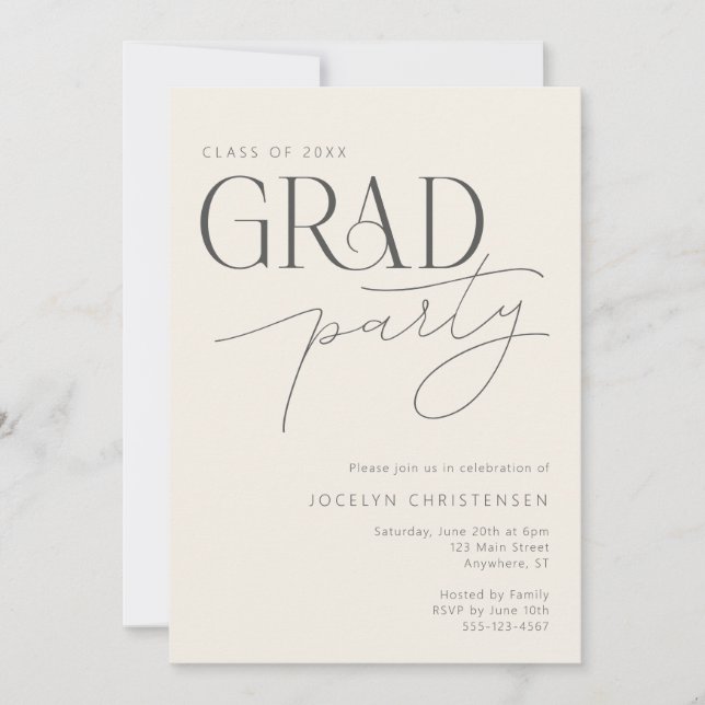 Cream Gray Modern Typography Grad Party Invitation Inbjudningar (Framsida)