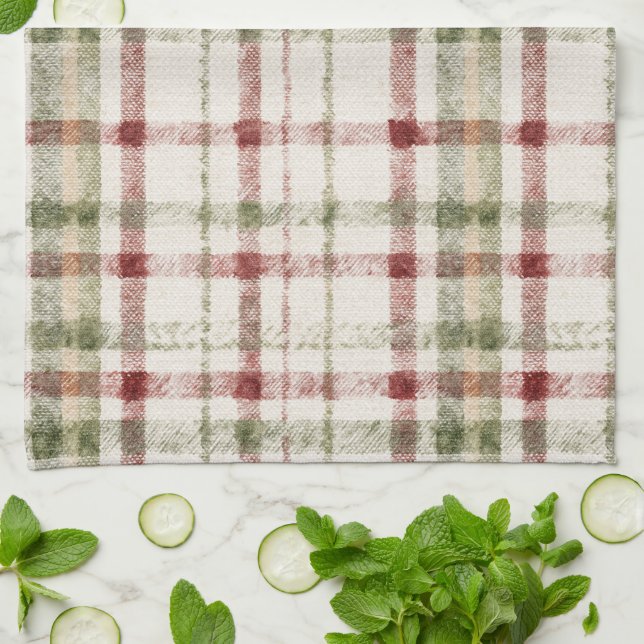 Cream Green Red Plaid Stripes  Kökshandduk (Vikta)