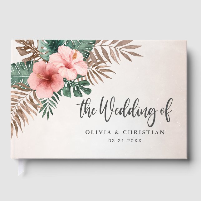 Cream & Green Tropocal Watercolor Floral Wedding Gästböcker (Framsida)
