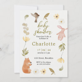 Cream Grönt Watercolor Animals Baby Shower Inbjudningar