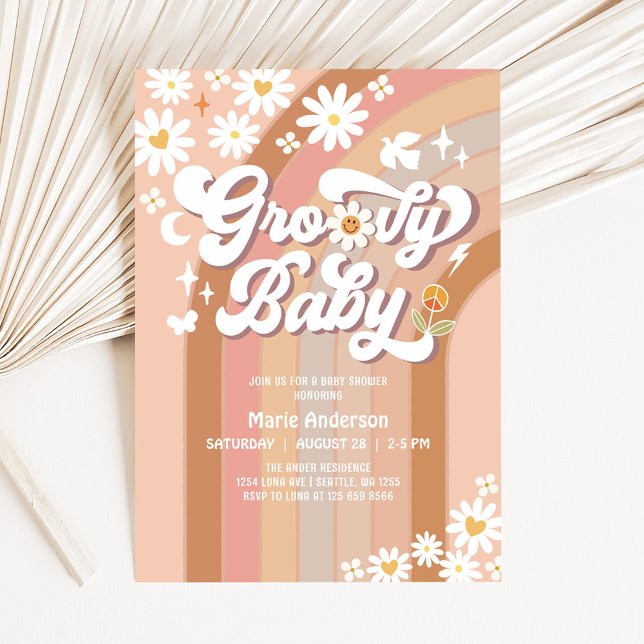 Cream Groovy Baby Hippie Retro Baby Shower Inbjudningar (Skapare uppladdad)