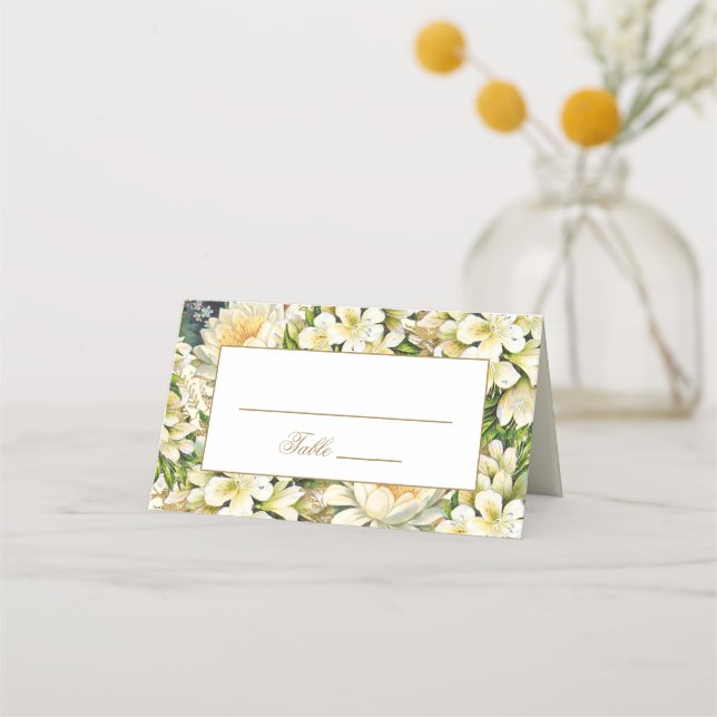 Cream Guld Blommigt Art nouveau Bröllop Placeringskort (Framsida)