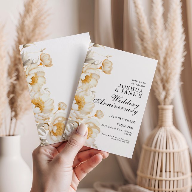 Cream Guld Blommigt Elegant bröllop-årsdagen Inbjudningar (Skapare uppladdad)