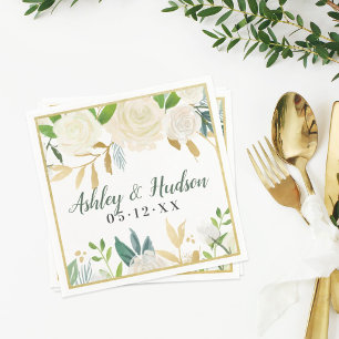 Cream Guld Blommigt Greenery Bröllop Monogram Pappersservett