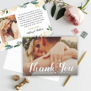 Cream Guld Blommigt Greenery Bröllop Monogram Phot Tack Kort