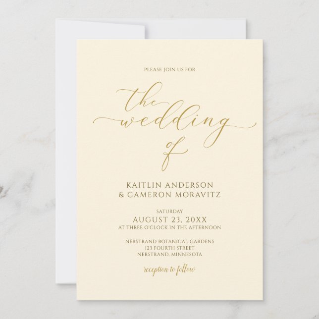 Cream & Guld Bröllop Elegant Kalligrafi Skrift Inbjudningar (Framsida)