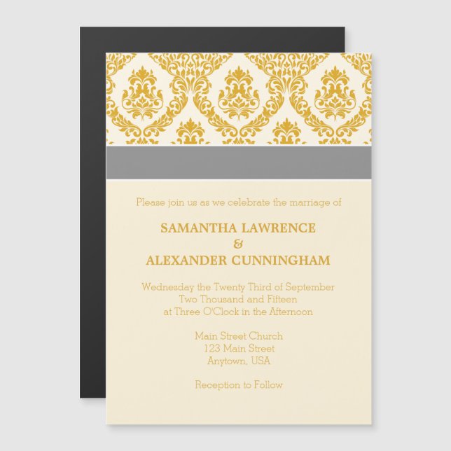 Cream Guld Damask Magnetic Wedding bjudande Magnetisk Inbjudningskort (Fram/baksida)