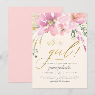 Cream  & Guld Det är en Blommigt babyskor för flic Inbjudningar