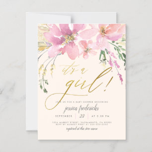 Cream  & Guld Det är en Blommigt babyskor för flic Magnetisk Inbjudningskort