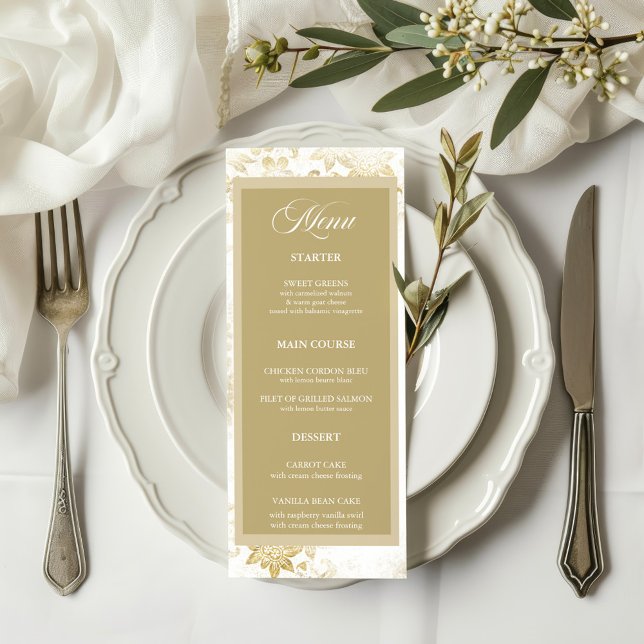 Cream & Guld Elegant Blommigt Bröllop Menu Meny (Skapare uppladdad)
