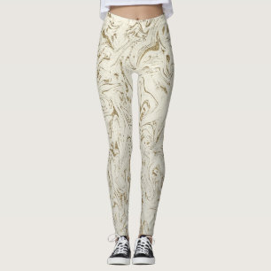 Cream & Guld Glitter Marble Swirl Modern Glam Leggings