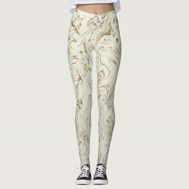 Cream & Guld Glitter Marble Swirl Modern Glam Leggings (Framsida)