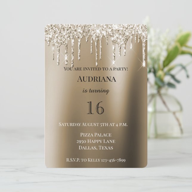 Cream Guld Glitz Glitter Ice Cream Drives Birthday Inbjudningar (Stående Fram)