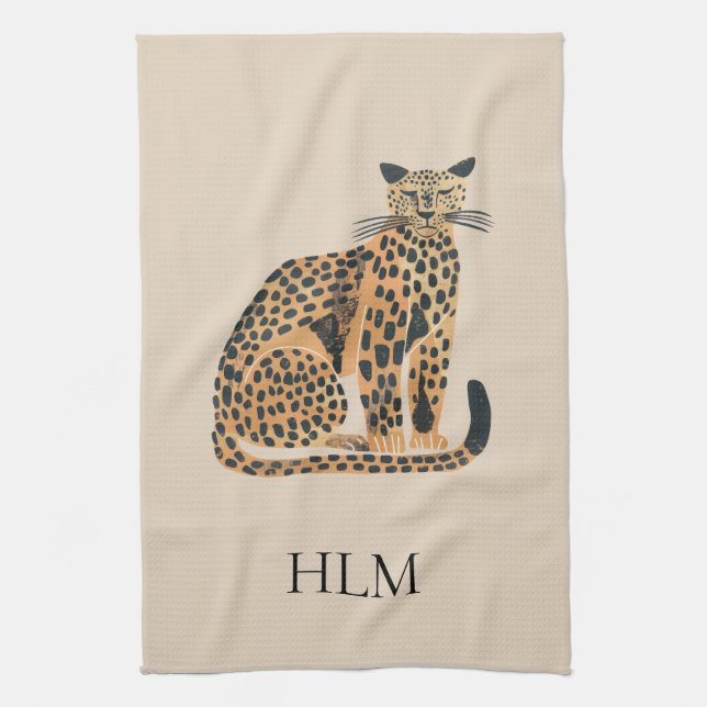 Cream Guld Leopard Animal Monogram Kökshandduk (Vertikal)