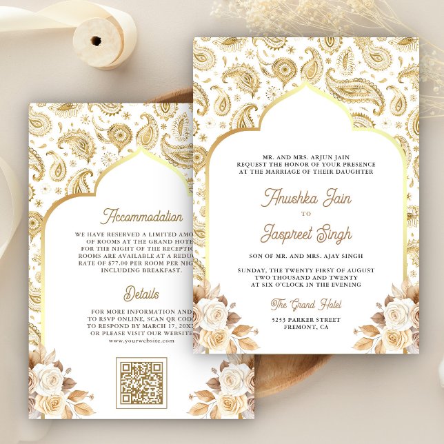 Cream Guld Paisley Blommigt QR-kod Indiska Bröllop Inbjudningar (Skapare uppladdad)