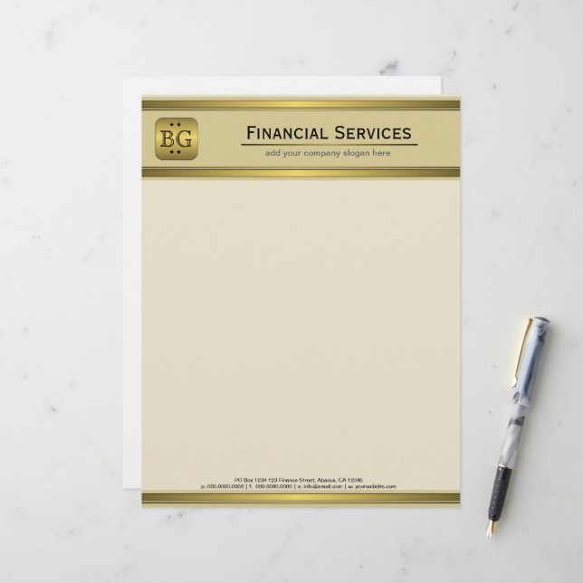 Cream Guld Plate Accounting Business Letterhead Brevhuvud (Fram/Back In Situ)