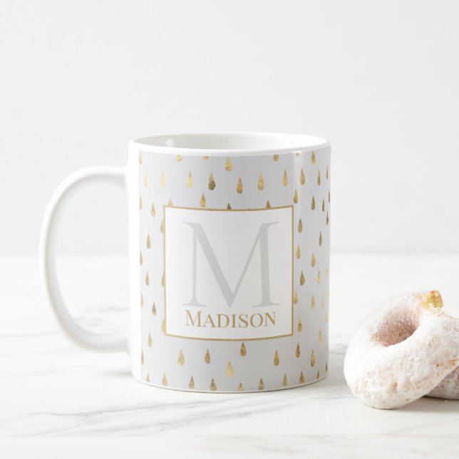 Cream Guld RainDrop Modern Trendig Monogram Kaffemugg (Med munk)