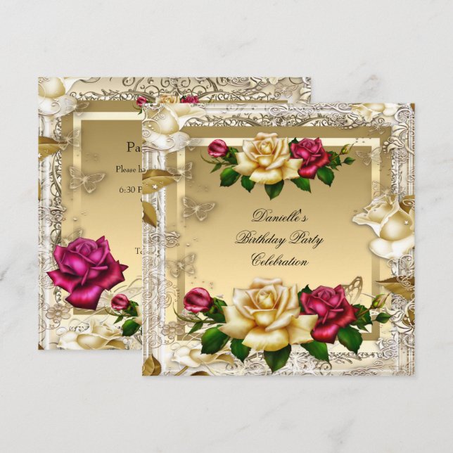 Cream Guld Rosa Röd ros Elegant födelsedagsfest Inbjudningar (Fram/baksida)