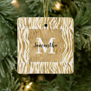 Cream Guld Zebra tryck Monogram Julgransprydnad Keramik