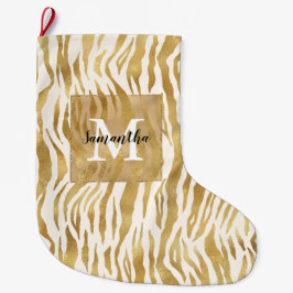 Cream Guld Zebra tryck Monogram      Stor Julstrumpa