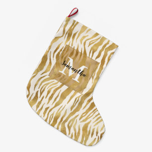 Cream Guld Zebra tryck Monogram      Stor Julstrumpa