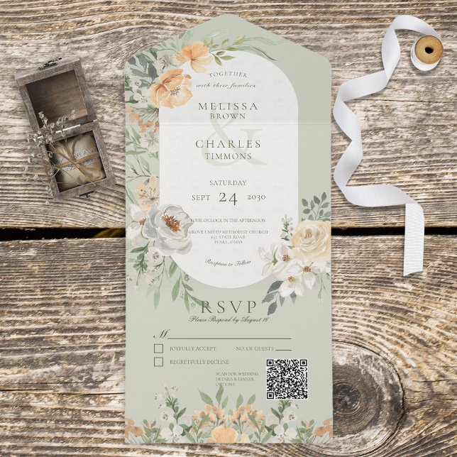 Cream & Gult Boho Blommigt Sage Grönt QR-kod (Skapare uppladdad)