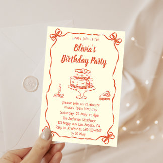 Cream Hand-Drawn Cake & Ribbon Border Birthday Inbjudningar
