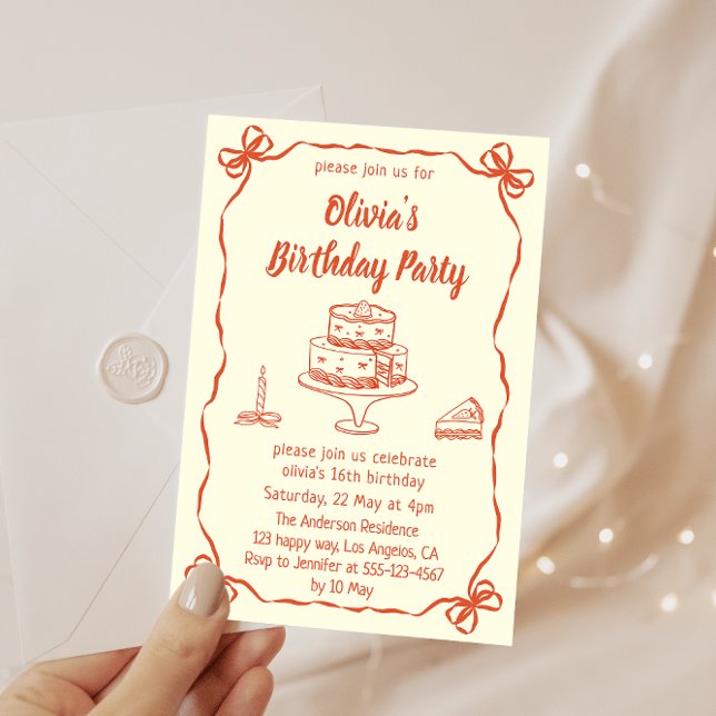 Cream Hand-Drawn Cake & Ribbon Border Birthday  Inbjudningar (Skapare uppladdad)
