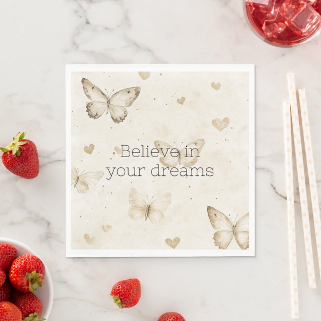 Cream Hearts Butterflies Birthday Pappersservett (Insitu)