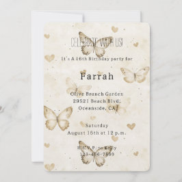 Cream Hearts Butterflies Gold Glitter Birthday   Inbjudningar