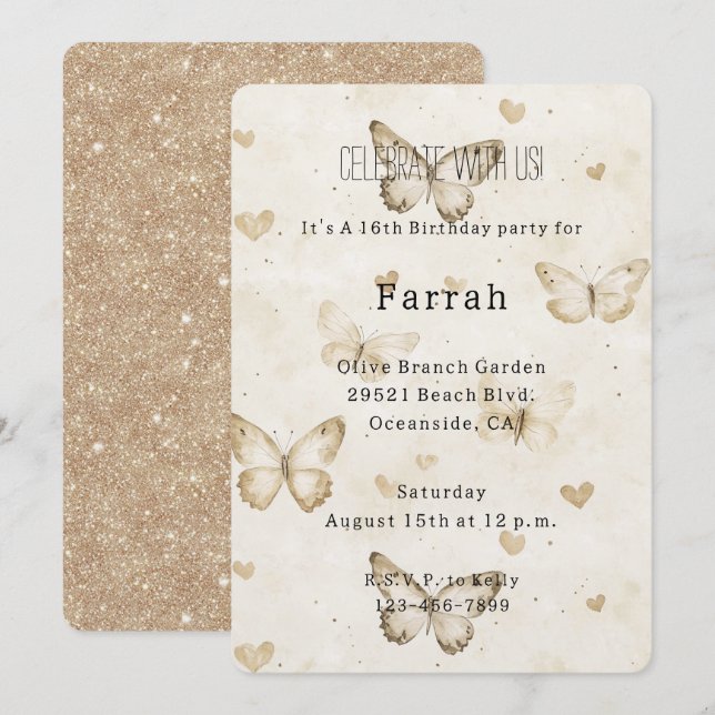 Cream Hearts Butterflies Gold Glitter Birthday   Inbjudningar (Fram/baksida)