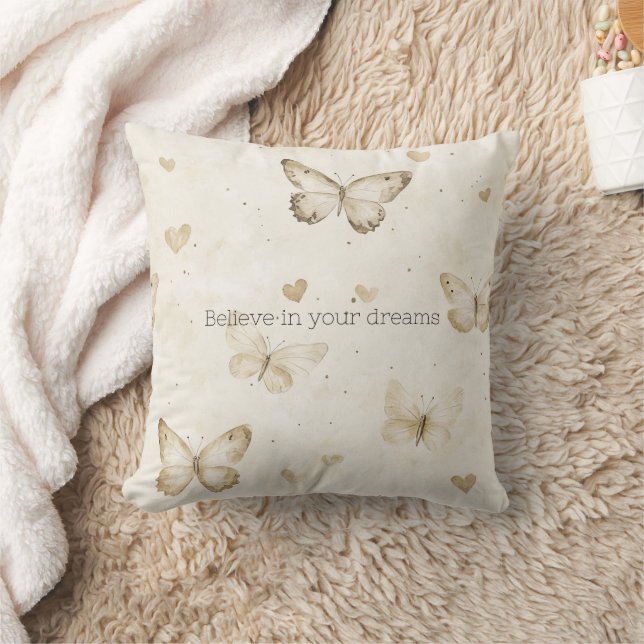 Cream Hearts Butterflies Jul Kudde (Filt)
