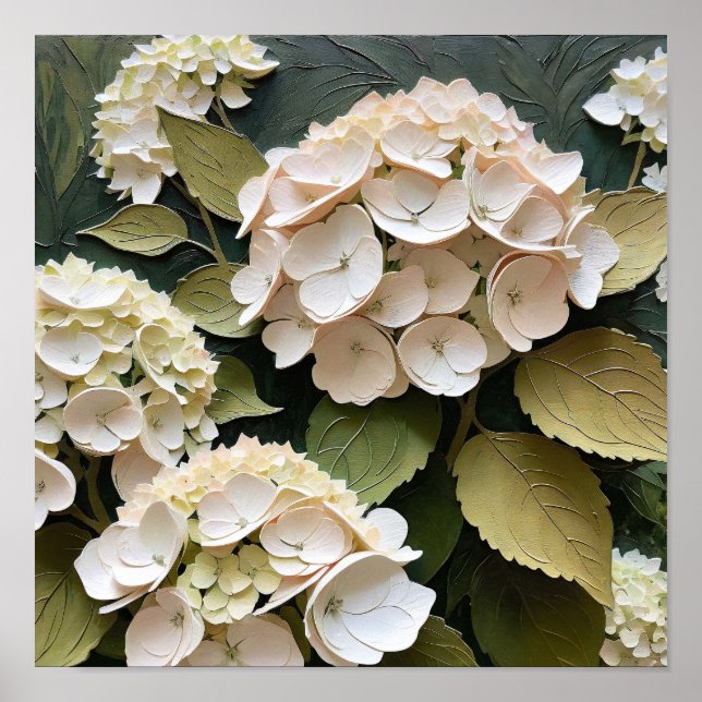 Cream Hydrangeas with Textured Leaves  Poster (Framsidan)
