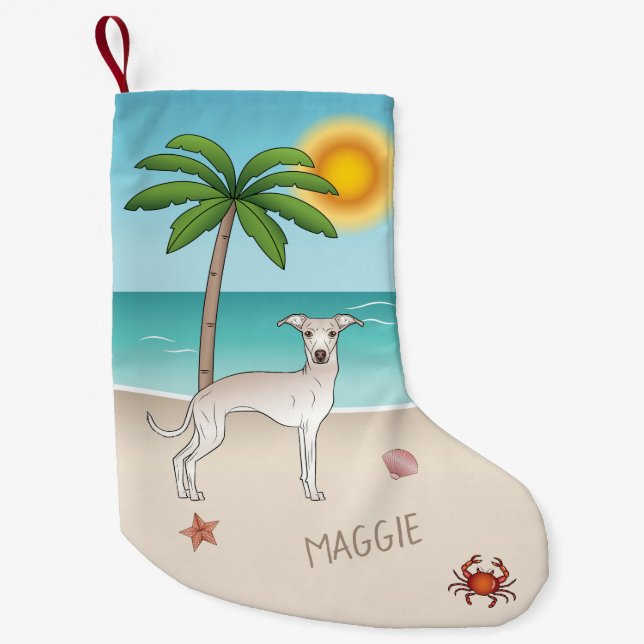 Cream Italiana Greyhound vid Tropical Summer Beach Liten Julstrumpa (Framsidan)