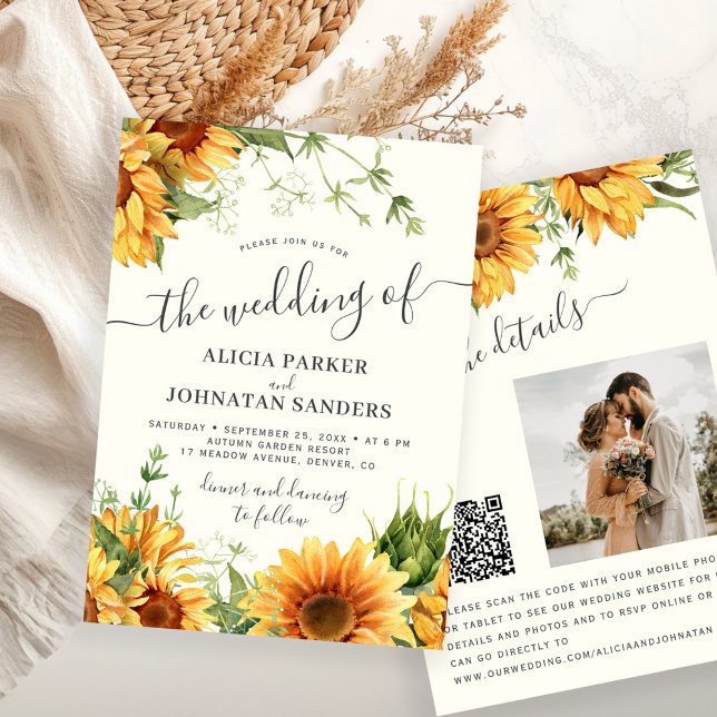 Cream ivory boho floral sunflower wedding inbjudningar (Skapare uppladdad)