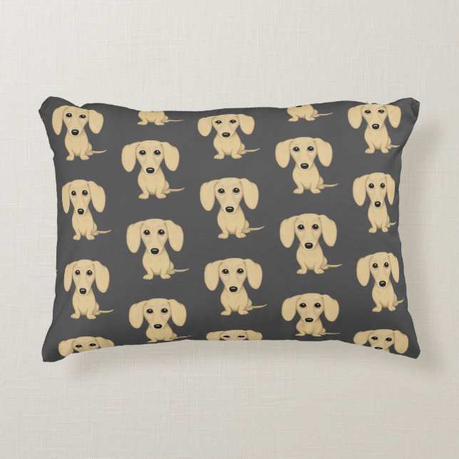 Cream Kort Hved Dachshund Mönster Prydnadskudde (Framsidan)