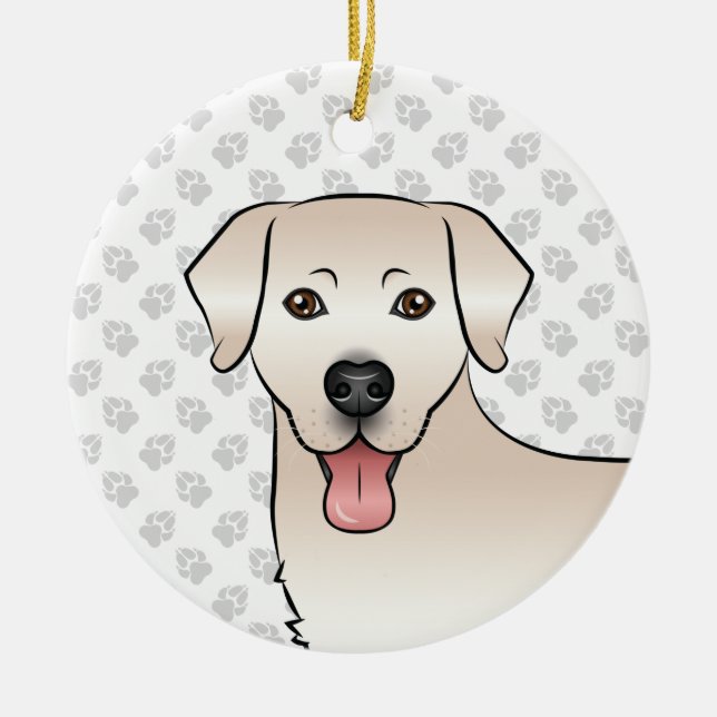Cream Labrador Retriever Tecknad hund Head & Text Julgransprydnad Keramik (Framsidan)
