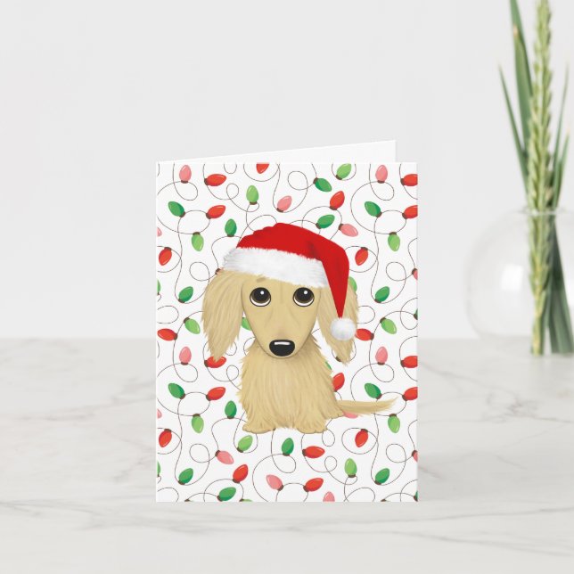 Cream Långhårig Dachshund Santa Hund jul Helgkort (Framsida)