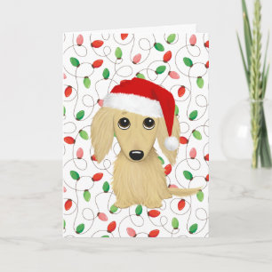 Cream Långhårig Dachshund Santa Hund jul Helgkort