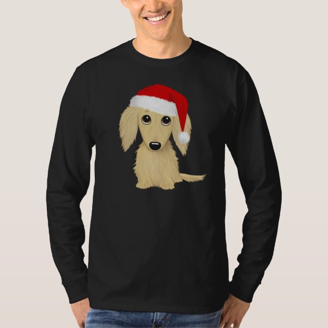 Cream Långhårig Dachshund Santa Hund jul T Shirt (Framsida)