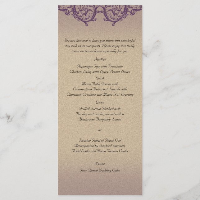 Cream Lila Vintage Posh Bröllop Menu Meny (Framsida)