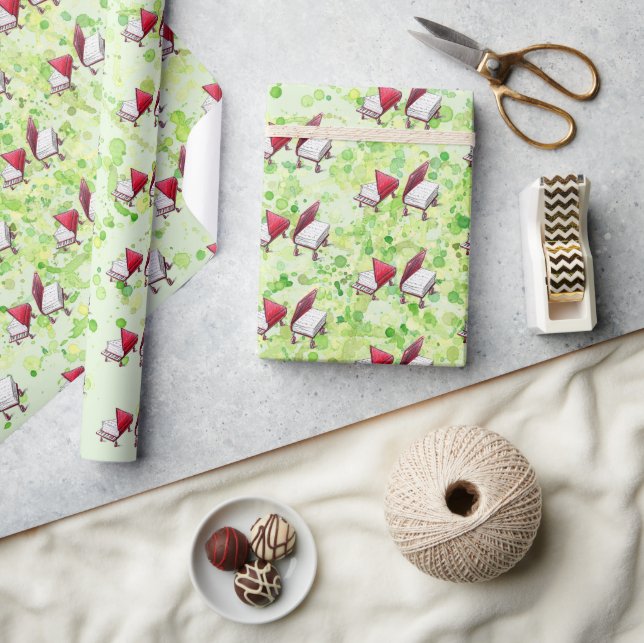 Cream Lime Watercolor Bokar på Hjul Piano Sketch Presentpapper (Hantverk)