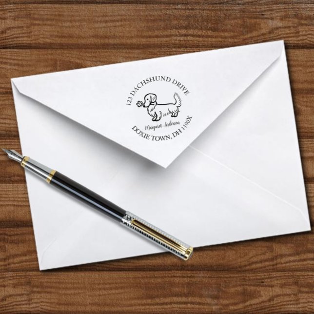 Cream Long Dachshund Tecknad Returadress Självfärgande Stämpel (Cream Long Haired Dachshund Cartoon Return Address Self-inking Stamp for Doxie Owners.  Cartoon.)