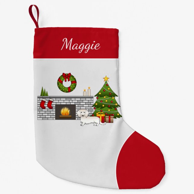 Cream Long Hair Dachshund Cute Hund julrum Liten Julstrumpa (Framsidan)