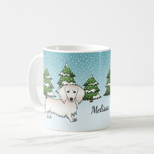 Cream Long Hair Dachshund Cute Hund - vinterskog Kaffemugg (Framsida vänster)