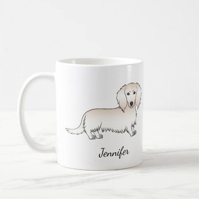 Cream Long Hair Dachshund Cute Tecknad hund & Namn Kaffemugg (Vänster)