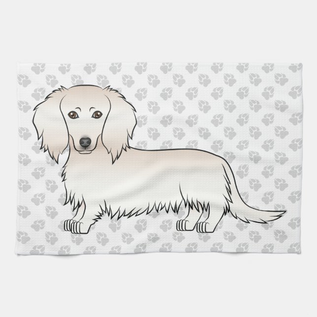 Cream Long Hair Dachshund Cute Tecknad hund & Tass Kökshandduk (Horisontell)