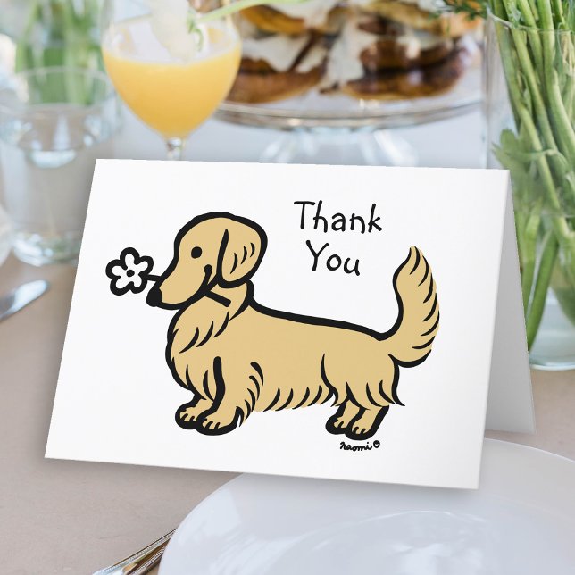 Cream Long-parad Dachshund Tiny Flower Tack Kort (Long Haired Cream Dachshund Tiny Flower Thank You Card for Doxie owners.  Cute Dog Cartoon.)