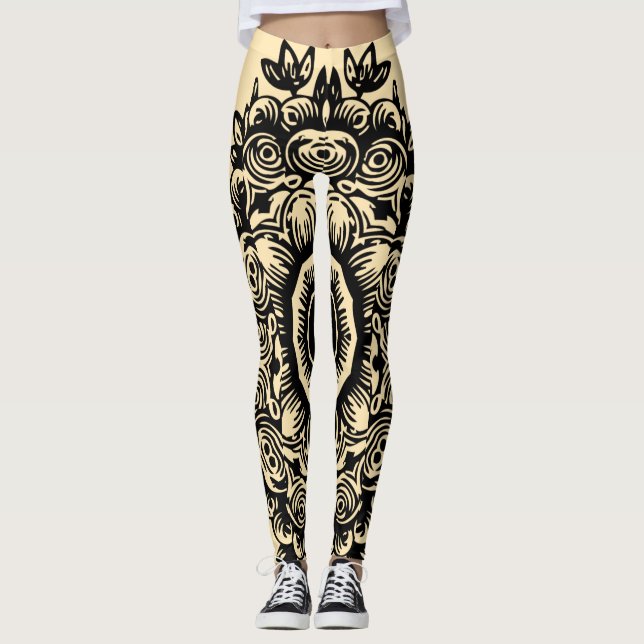Cream Maj med Black Damask Pattern Athletic Leggings (Framsida)