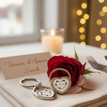 Cream metal keychain with pink and red heart